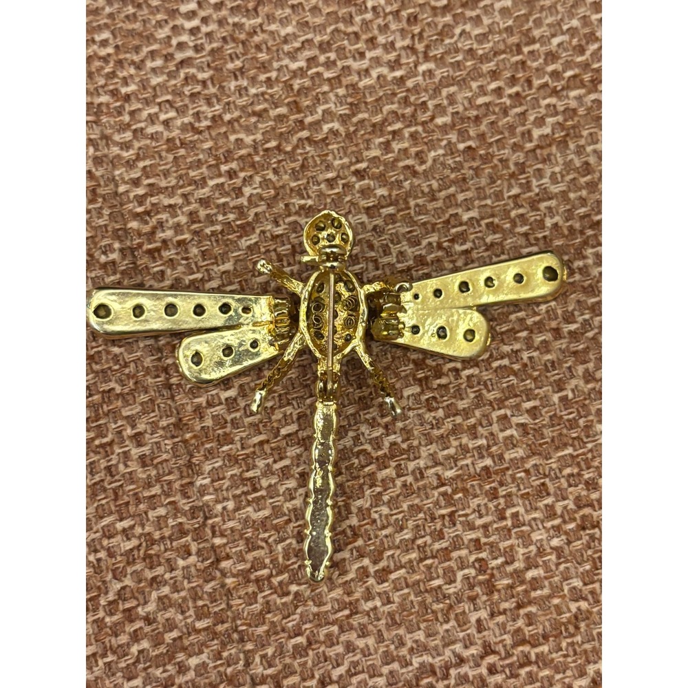 Gold Tone Rhinestone Dragonfly Brooch Vintage Style Insect Pin Crystal Jewelry - Picture 2 of 5